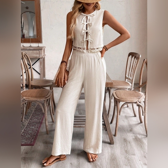Linen 2pcs Women's Solid Color Lace Patchwork Bow Tie Sleeveless Top And Pants - Picture 5 of 6